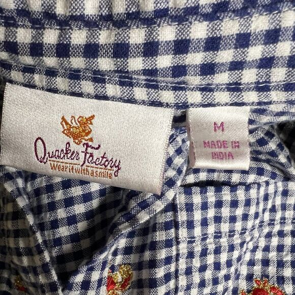 Quacker Factory Shirt Womens Medium Blue Gingham Crab Jeweled Print Button Up - Picture 2 of 9